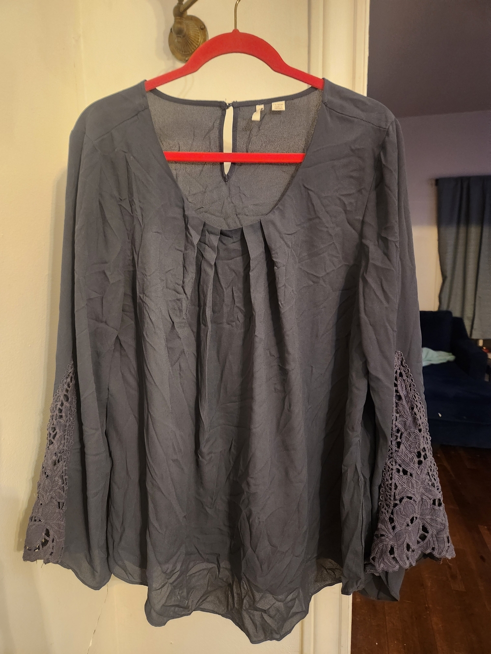 Women’s Navy Crochet-Sleeve Blouse